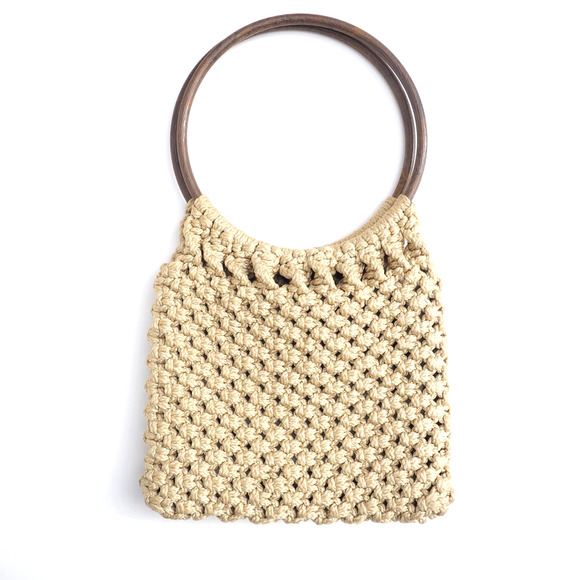 70s Vintage Crochet Knit Hand Bag Wooden Top Handles Tan Boho Macrame Purse‎ - Picture 1 of 8